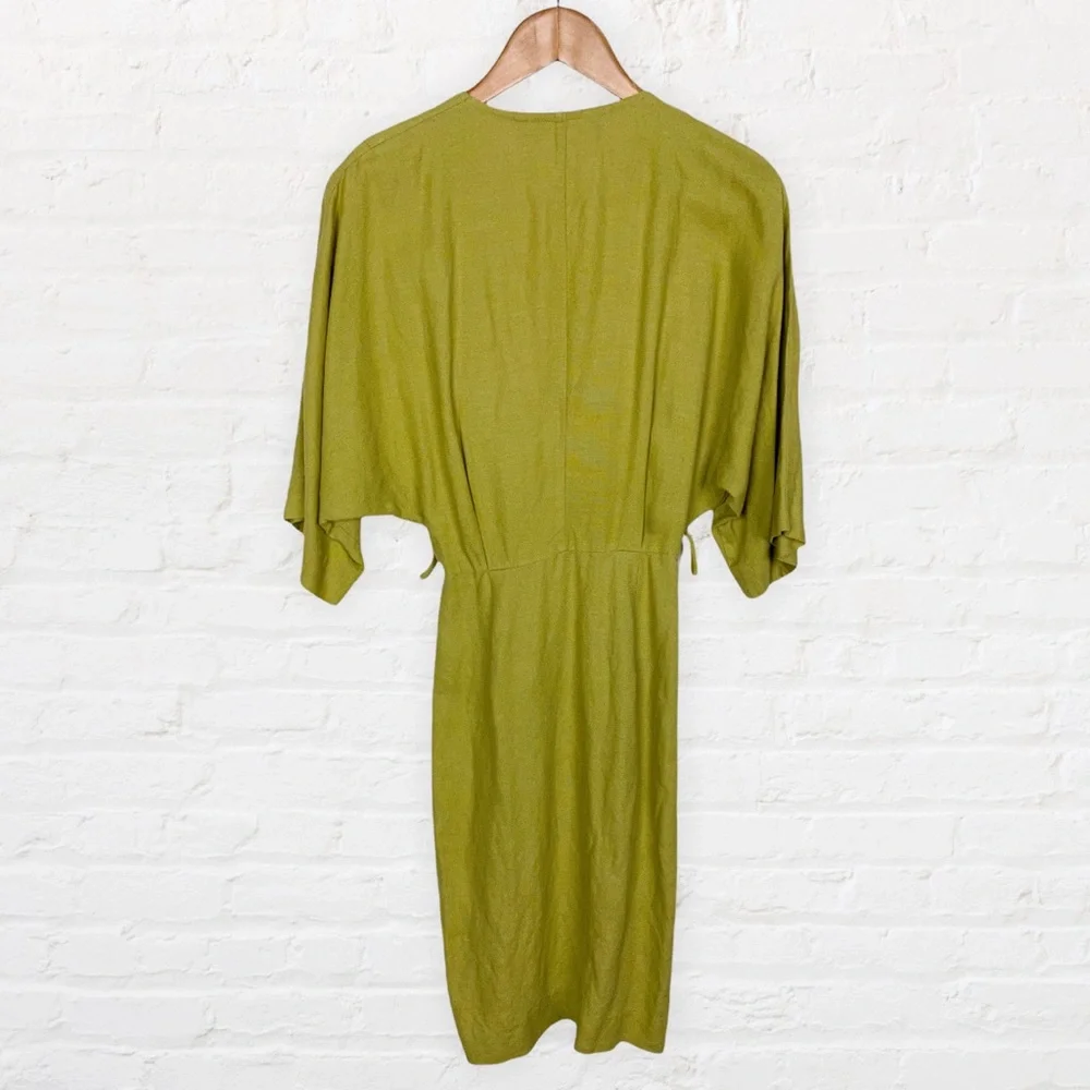 VINTAGE | 1980’s Barbara Barbara Sheen Green Linen Blend Parisian Wrap Dress - Picture 9 of 12